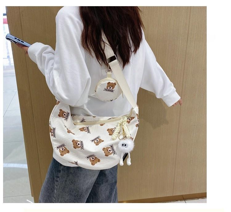 Cute Bear Print Cotton Shoulder Bag For Daily Use With Zipper Closure And Mobile Pocket