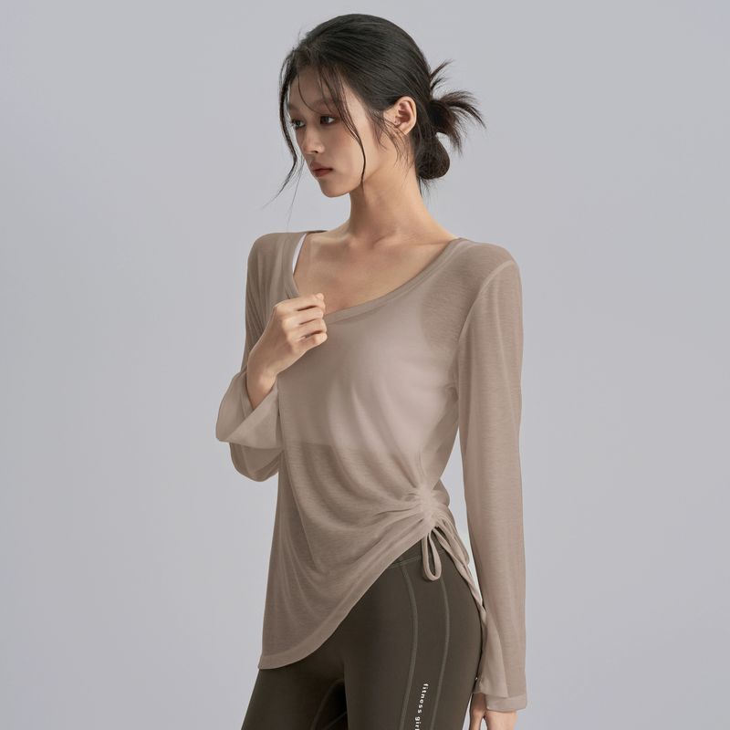 

Drawstring Stylish Loose Exercise Blouse Women s Yoga Clothes Quick-Drying Flab Hiding T-shirt Pilates Running Long Sleeve Tops Khakis Brown M