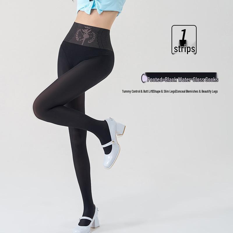 Meia-calça Preta Transparente com Forro de Fleece de Cintura Alta para Mulheres - Look Perna de Fora Outono/Inverno