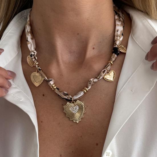 Silk Scarf Necklace, with Gold Chain And Sunflower Heart Pendant, Retro Style Alloy Charms Choker for Women