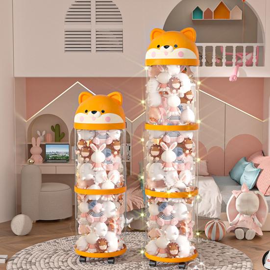 Stuffed Animal Storage Tube Stuffed Doll Organizer with Wheels Transparent Plush Toy Bucket with Lid for Nursery Bedroom Playroom