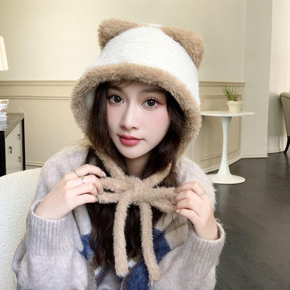 Korean Style Faux Fur Bucket Hat Warm Women Fluffy Hats Fashion Cute Cat Ear Hat Skiing
