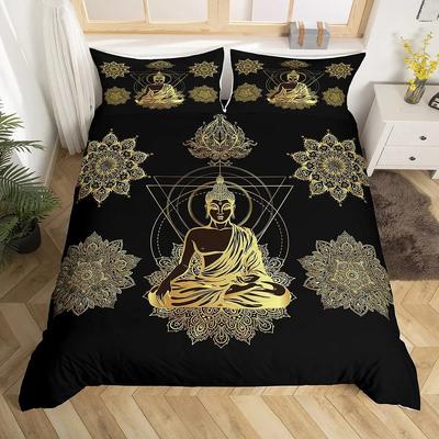 Mandala Buddha Duvet Cover Set,Bohemian Bedding Set Golden Black Lotus Flowers Print Luxury Microfiber Polyester Comforter Cover