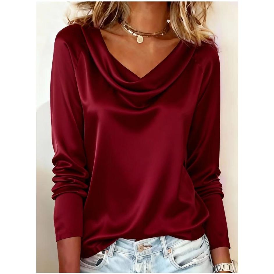 Spring Autumn Versatile Office Draped Collar Flowy Long-Sleeve Blouse - Stylish Elegant 100% Polyester Shirt