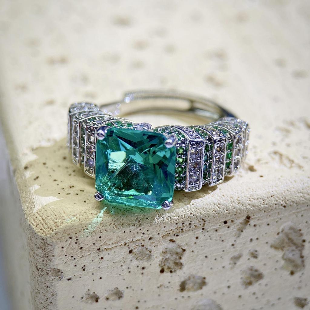 Paraiba Tower Ring with Green Zircon and High Carbon Diamond Accent