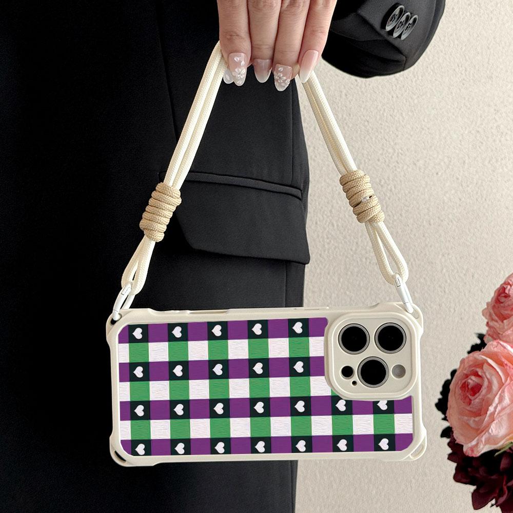 Cute Heart Colorful Grid Pattern TPU For Iphone 17 16 15 14 12 Phone Case Four Corner Anti Fall Protection Portable Hanging Rope