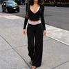 Damen Spitze Patchwork V-Ausschnitt Langarm Top Niedrige Taille Hose 2-teiliges Loungewear Set