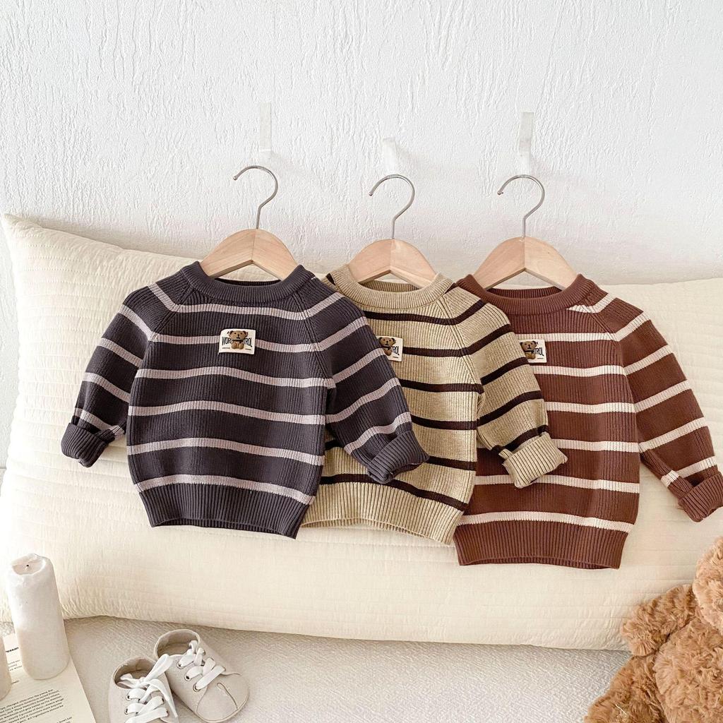 Korean Style Children's Knit Stripe Pullover and Overalls Set for Autumn/Winter