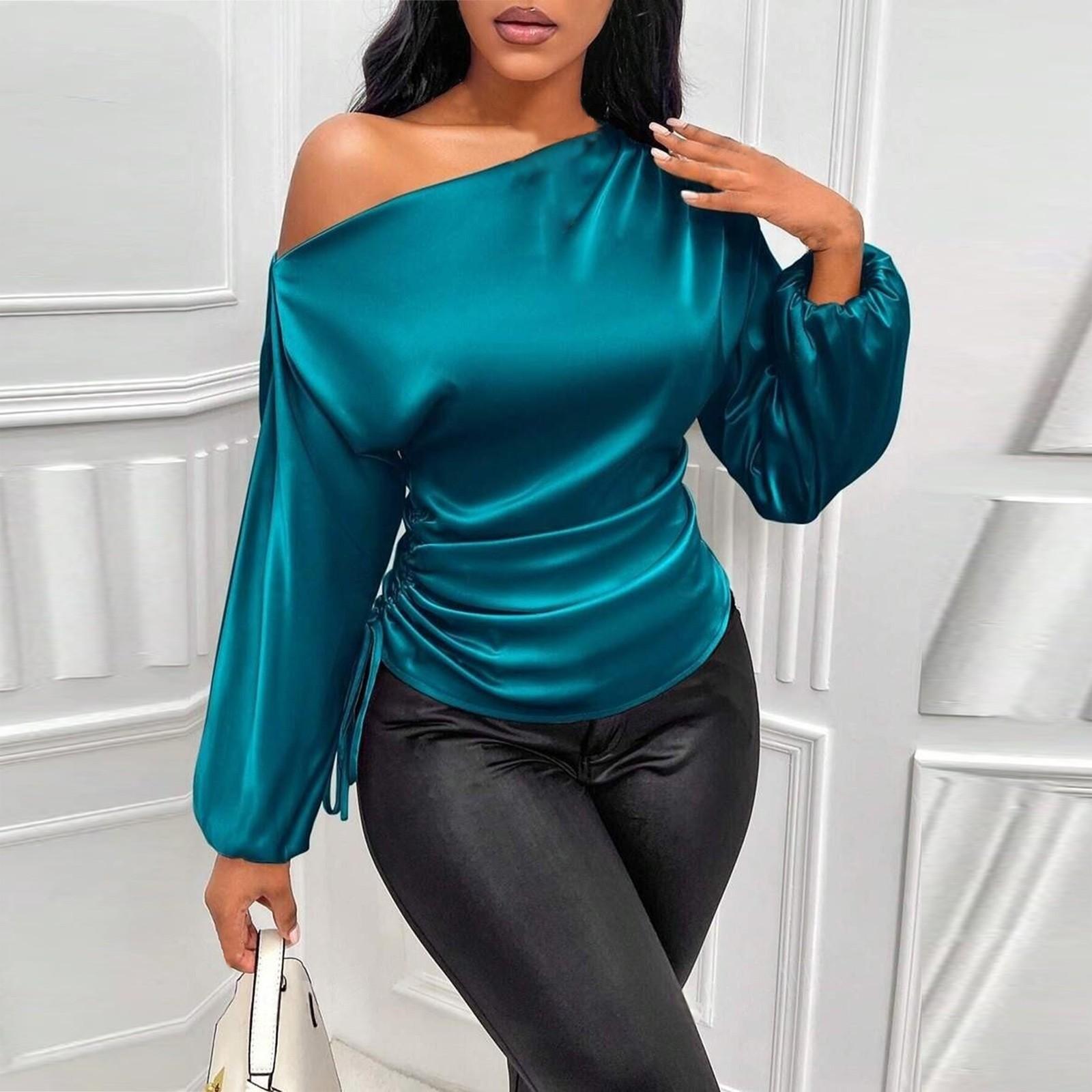 

Женская асимметричная рубашка с длинными рукавами и воротником S синий