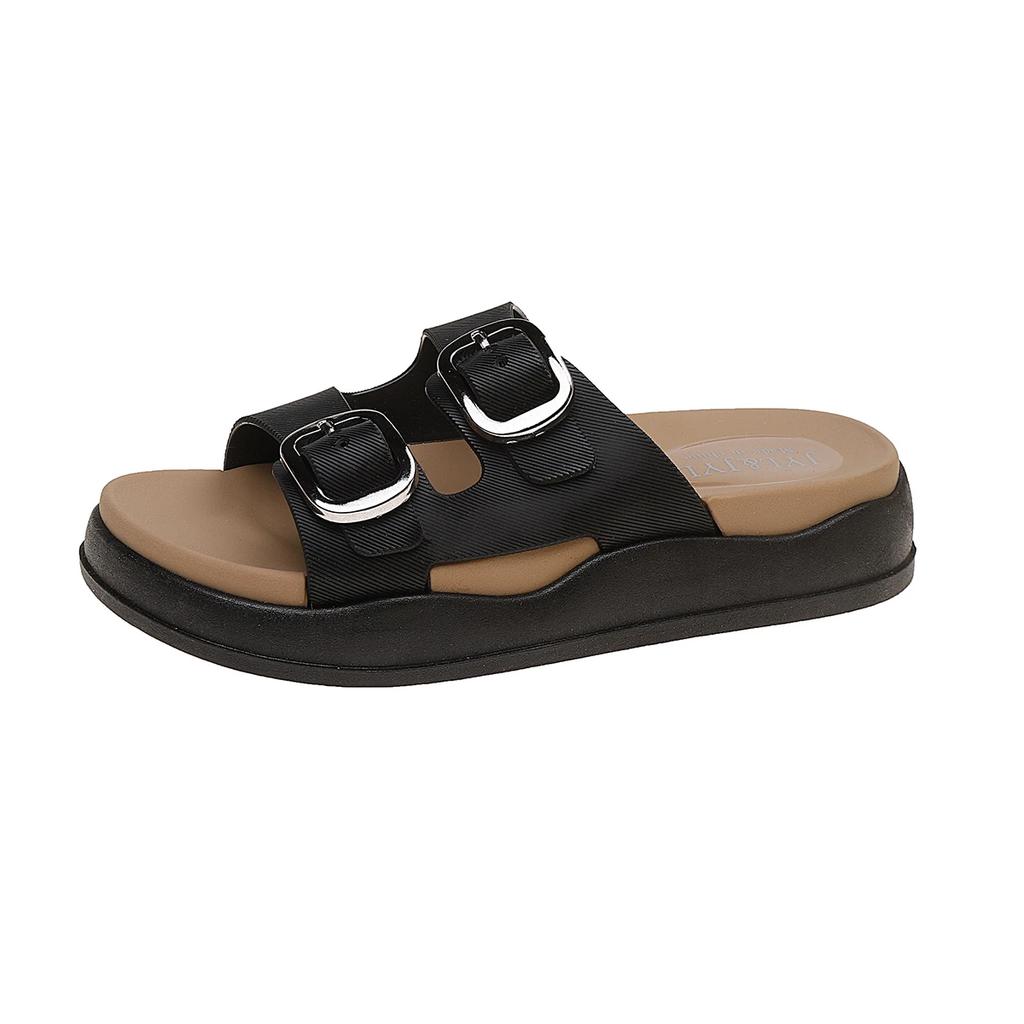 Fashion 2025 Summer Classic Women's Sandals British Style Roman Shoes Soft Leather Slippers Metal Buckle Platform Slippers Women's Shoes