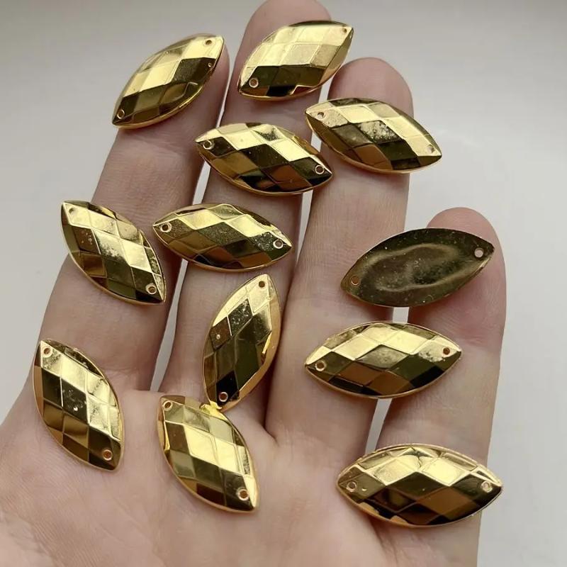 50 peças de strass dourados em formato de olho de cavalo, 12x25mm, com dois furos, usados para fazer joias DIY em acessórios de vestuário