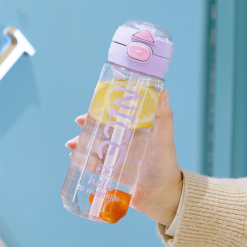 Large Capacity High-Appearance Student Straw Water Cup Shatterproof Portable Handheld Plastic Cup Double Spout Kids School Cup