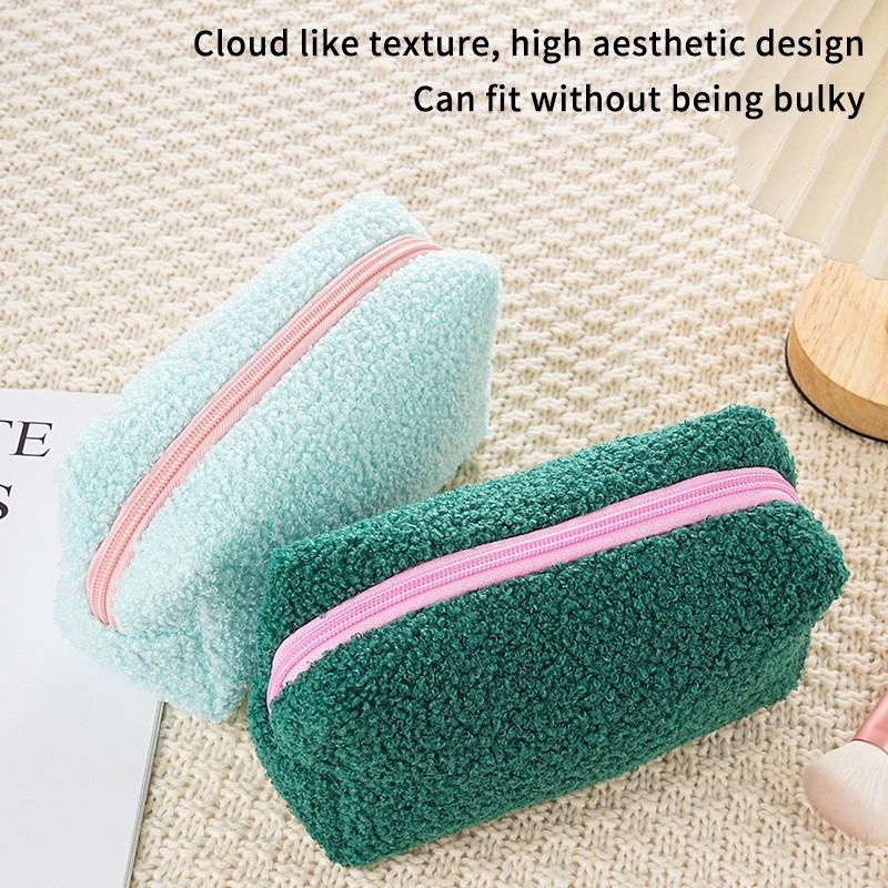 New 2026 Cute Zipper Plush Solid Color Cosmetic Bag Makeup Bag For Women Travel Make Up Toiletry Bag Washing Pouch Pen Pouch