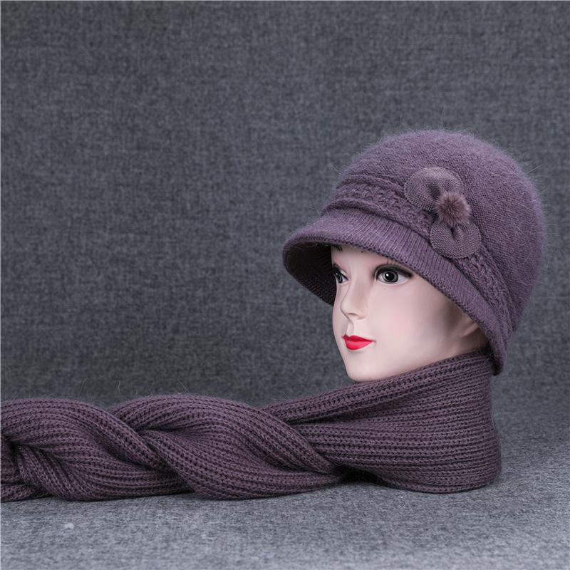 Ji Middle-Aged And Elderly Women'S Basin Hat Grandma Knitted Wool Hat Old Man Hat Rabbit Fur Flower Mother Hat Scarf