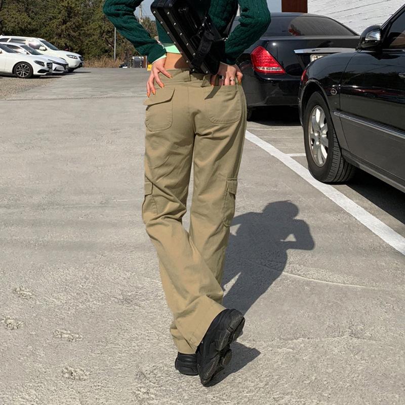 Multi Tasche Neue Einfarbig Cargo Hosen Damen Niedrige Taille Lose High Street 2022 Retro Mode Gerade Denim Hosen Heißer verkauf
