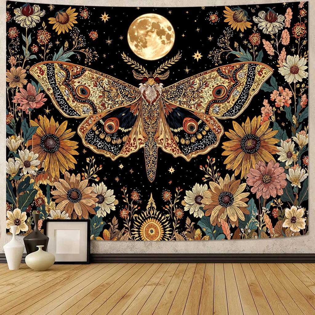 Moth Tapestry Boho Mushroom Hippie Tapestry Vintage Floral Plant Moon Phase Small Tapestries Wall Hanging for Dorm Room Decor