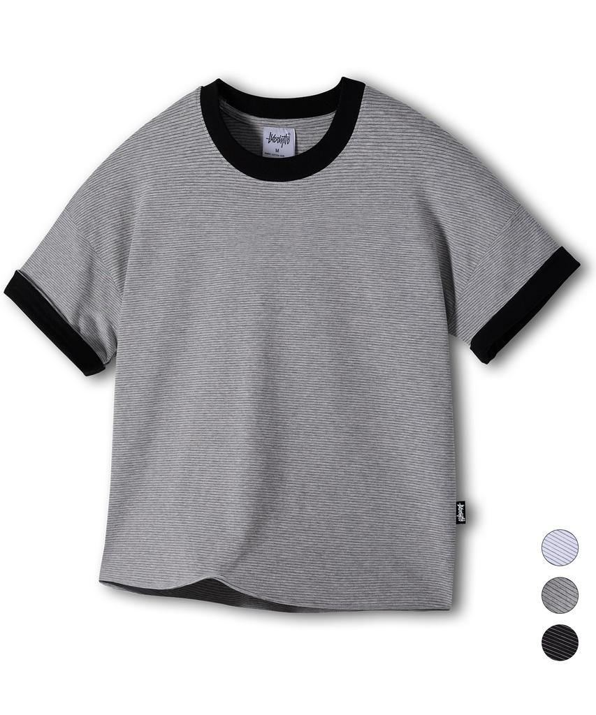 Yosemiti Striped Color Block Roll-Up Ringer Crop Short Sleeve Tee 3 Colors Yt-3Y27