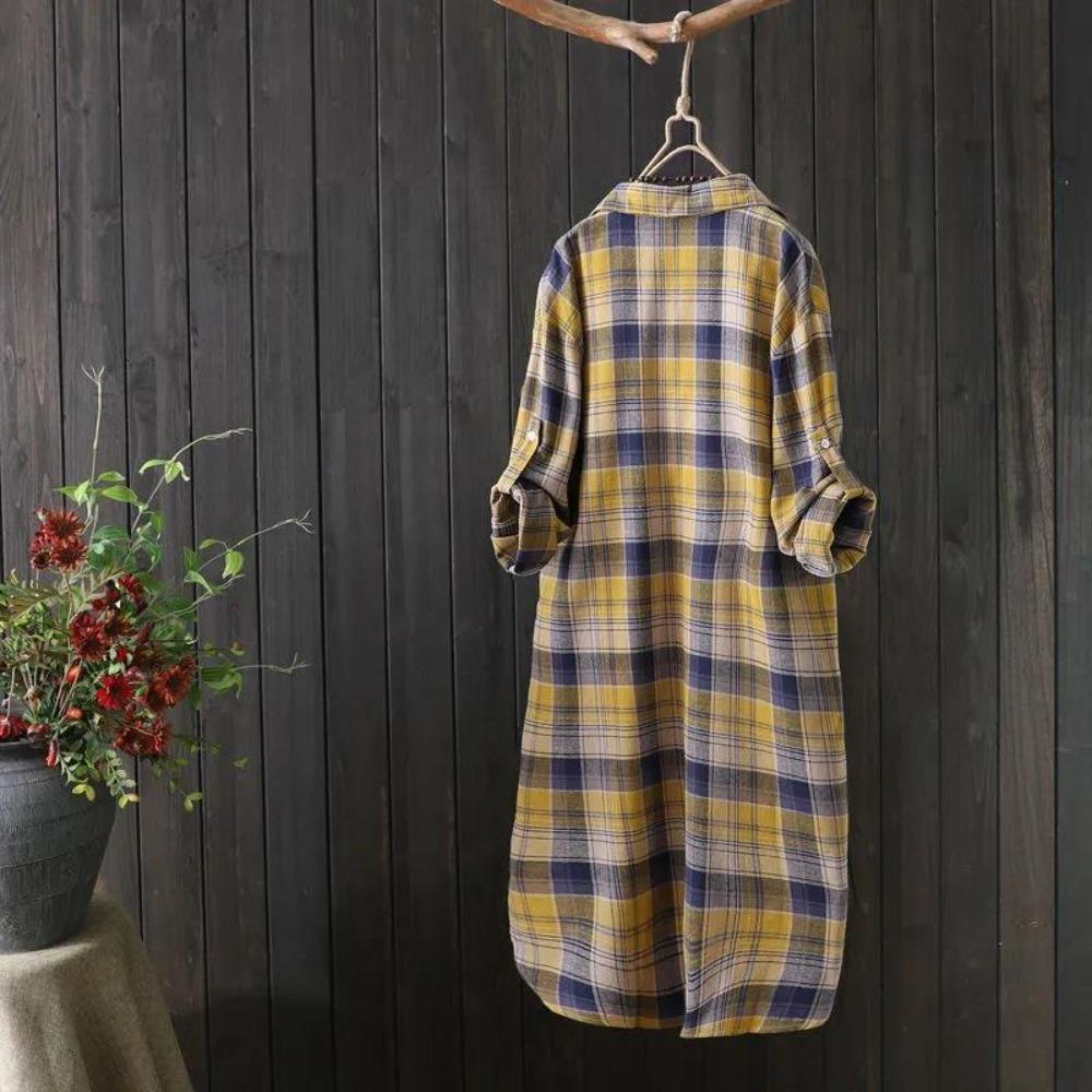 Camicia Lunga a Quadri Oversize Fresca da Donna con Collo a Punta, Misto Cotone, Tunica, Leggero Cardigan Copri Costume a Bottone Singolo per la Primavera