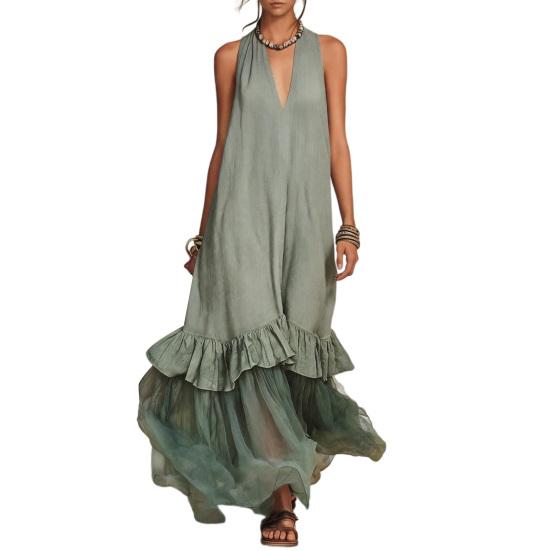 Summer Sleeveless Maxi Dress for Women, Deep V Neck Mesh Patchwork Long Dress, A-line Ruffle Flowy Beach Sundress
