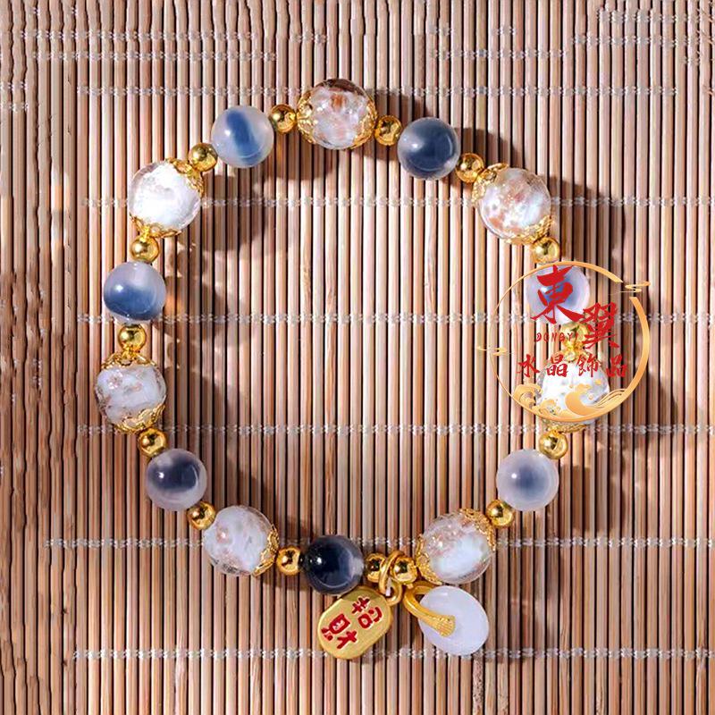 White Luminous Gold Sand Candy Heart Agate Luck Bracelet with Gold Foil Porcelain