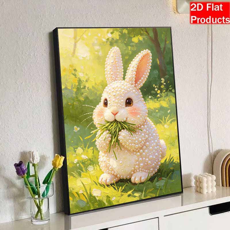 Sparkling Pearl Painting on Stretched Frame Cute Bunny Eating Grass DIY Bead Art Canvas Relaxing Hobby Gift for Craft Lovers Great for Adults