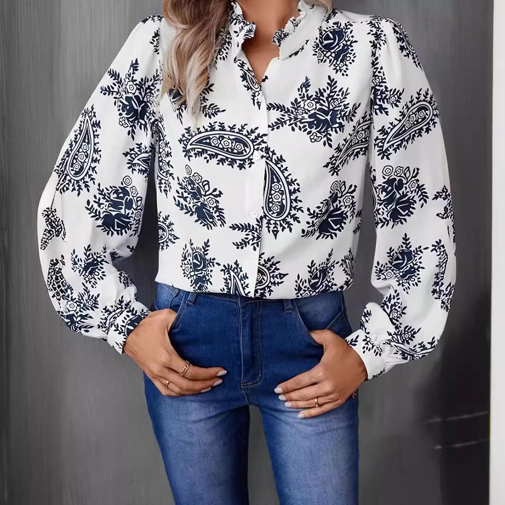2026 Floral Print Women's Shirt: Elegant Stand Collar, Casual Fashion for Spring/Autumn.