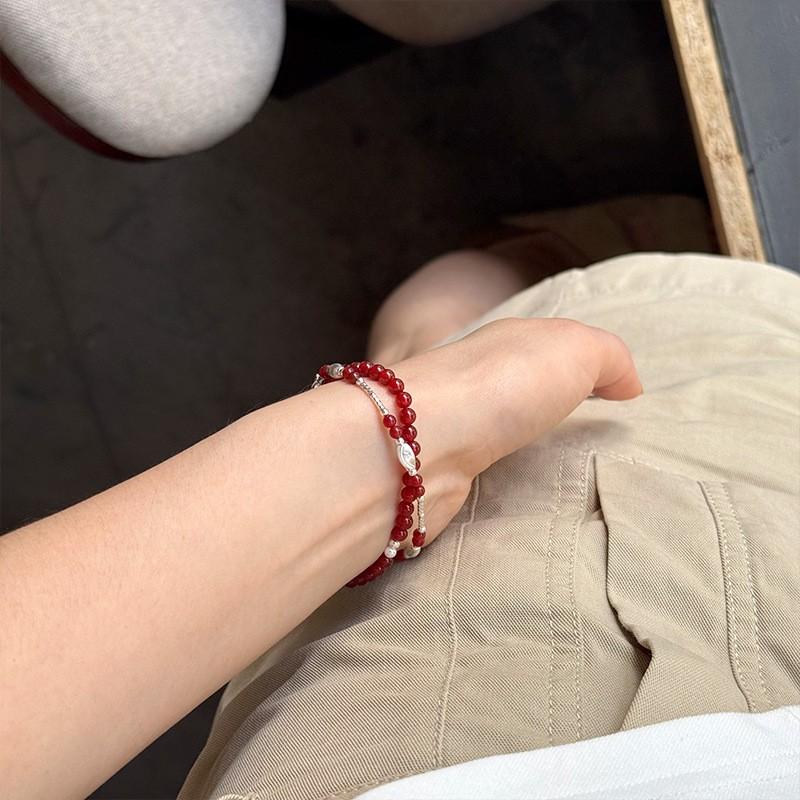 Sterling Red Agate Cat Eye Bead Bracelet Women Minimalist Fashion Stackable Wristband