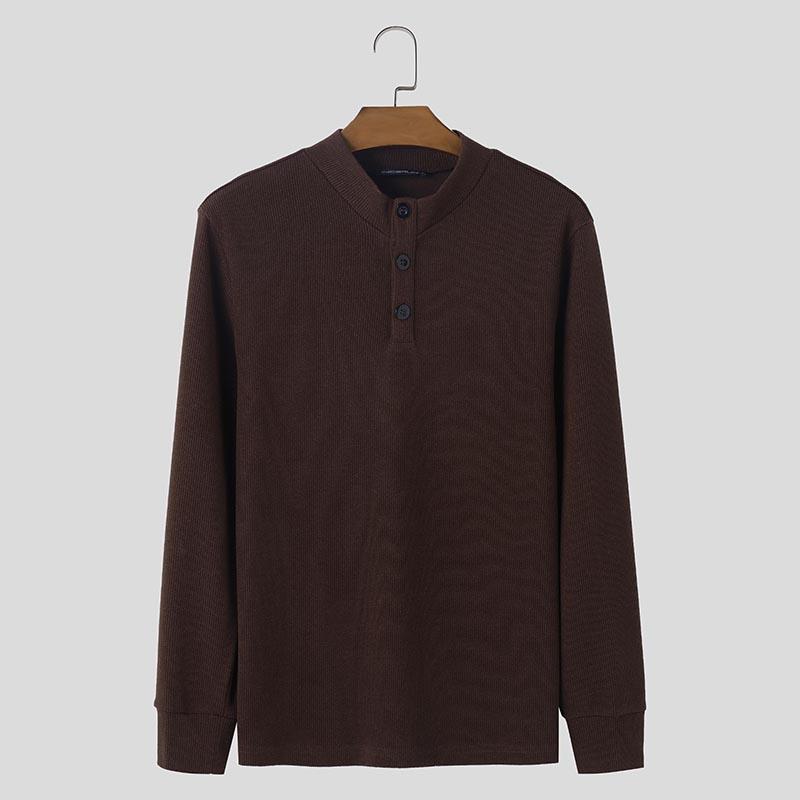 INCERUN Men Buttons Mockneck Long Sleeve Rib Knitted Pullovers Tops