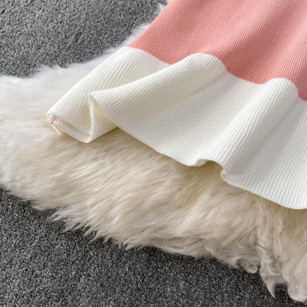 Spring Summer Beaded Knitted Mini Dress for Women Fashion Sleeveless Slimming Ruffle-Trimmed Sweater Dress