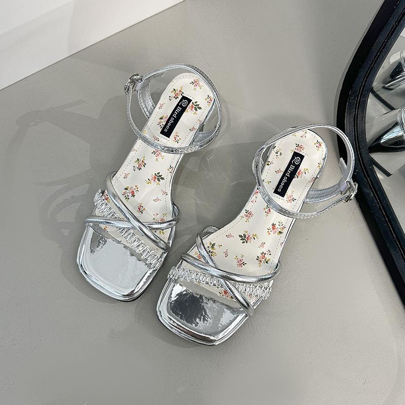 French open-toed rhinestone sandals 2025 spring new fashion outer wear thick heel square head one-word buckle with skirt women's shoes