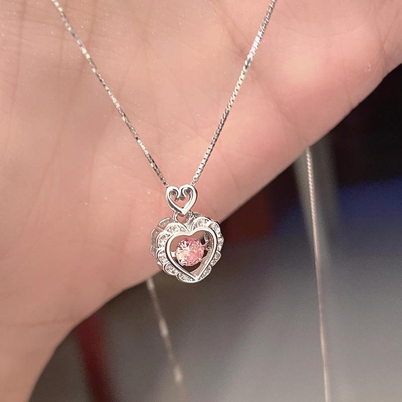 Pink Diamond Beating Heart Love Necklace Light Luxury Niche High End Collarbone Pendant Chain Jewelry For Women