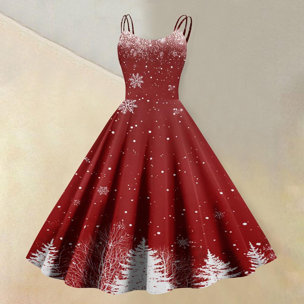 Women's Casual Sleeveless Dress with Christmas Print and Round Neck for Holiday Party