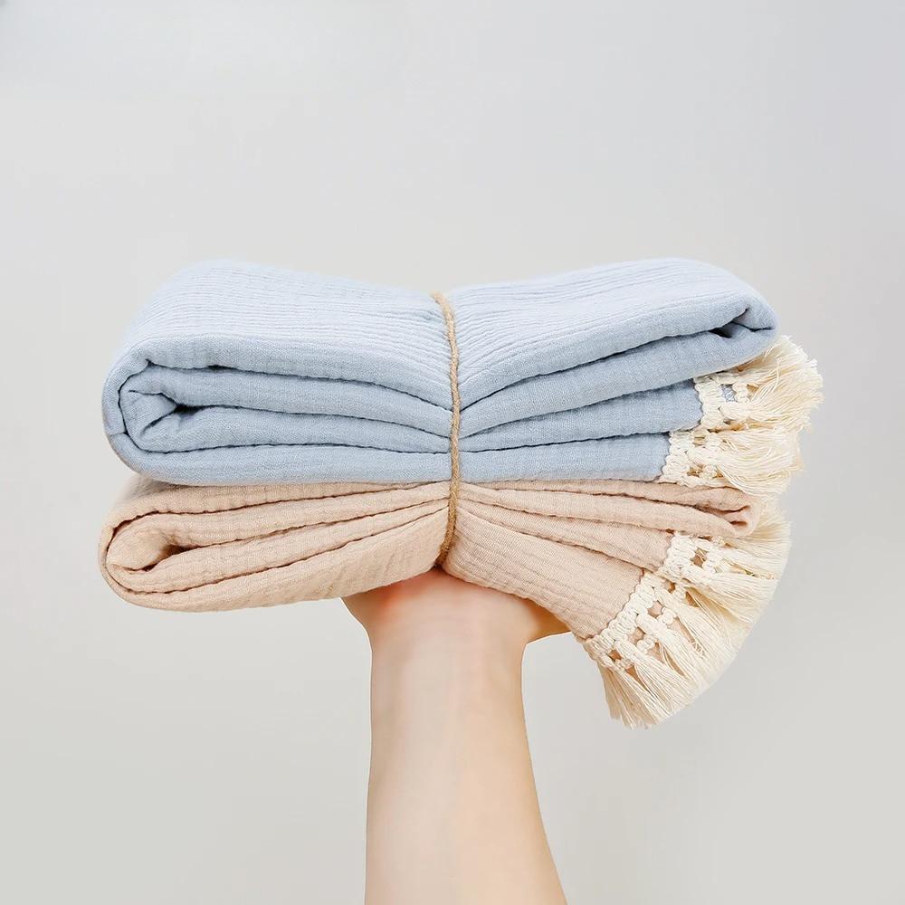 Muslin Gauze Baby Swaddle Blanket With Tassel Fringe Soft Breathable Newborn Receiving Wrap Infant Bath Towel Stroller Cover Baby Bedding Accessories