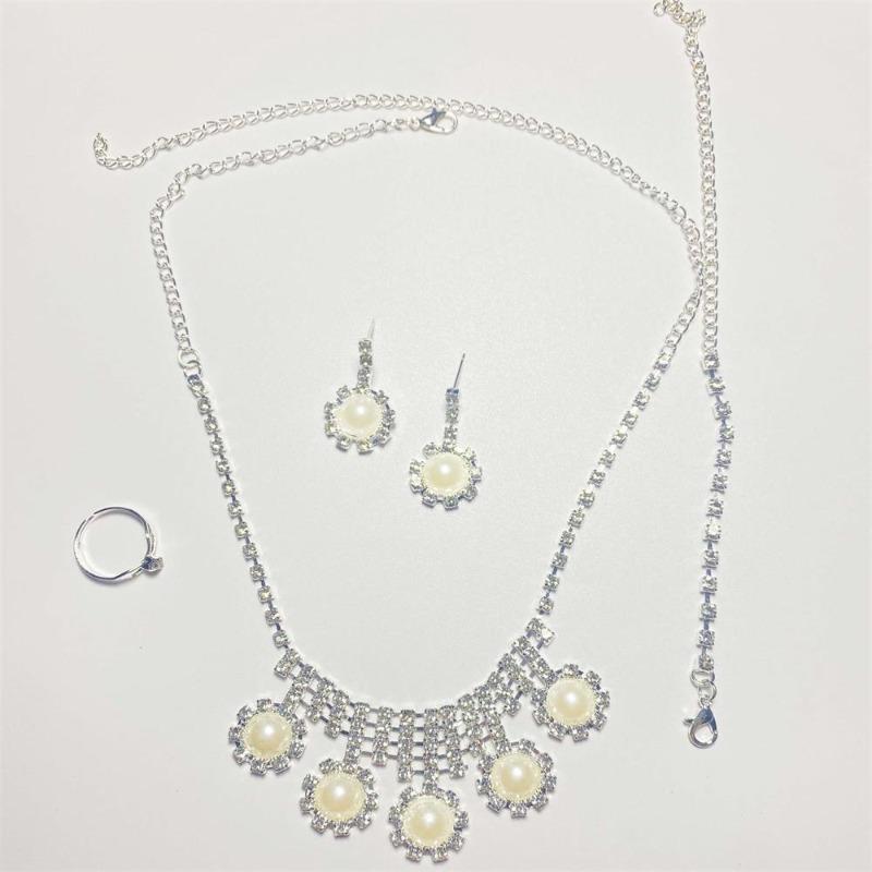 Bridal Pearl Necklace Banquet Dress Rhinestone Earrings Bracelet Ring Four-Piece Set Jewelry Dress
