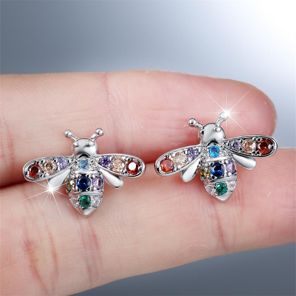 Rainbow Crystal Zircon Cute Small Bee Animal Stud Earrings For Women Vintage Silver Color Wedding Earring Valentine Jewelry Gift