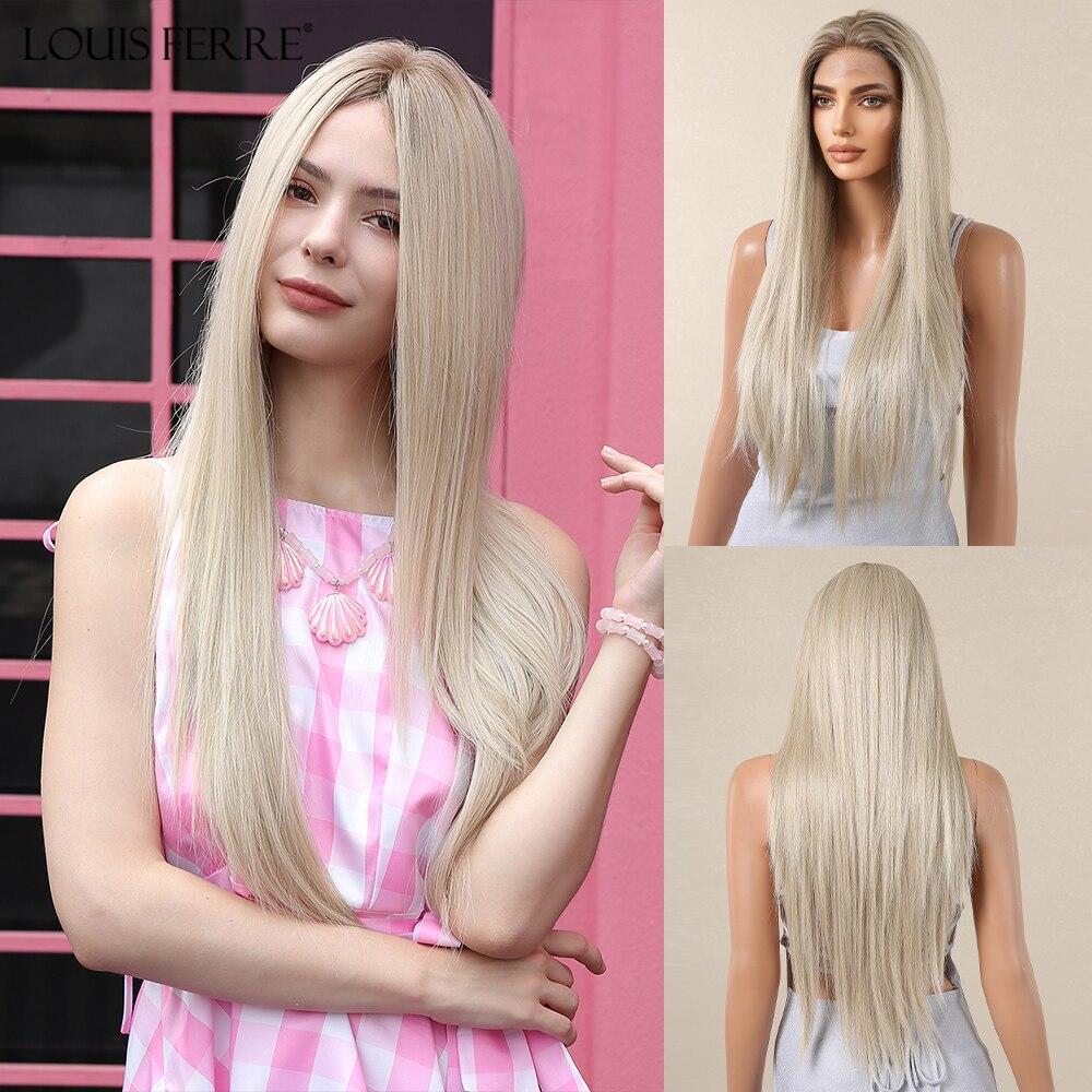 LOUIS FERRE Long Wavy 13*4 Lace Front Synthetic Wigs for Women Dark Brown Middle Part Wigs Daily Cosplay Heat Resistant Hair