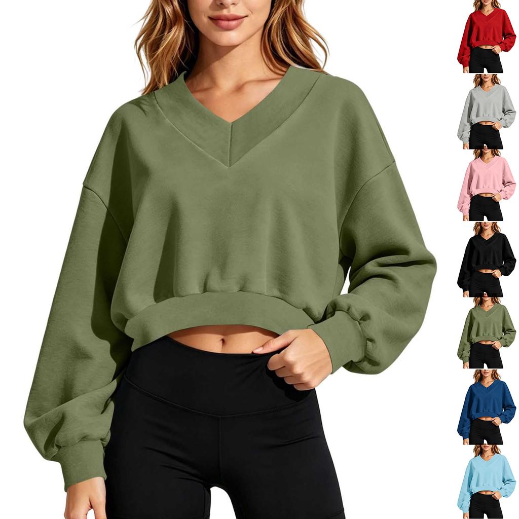 Women's Casual V Neck Long Sleeve Cropped Sweatshirt for Everyday Wear
