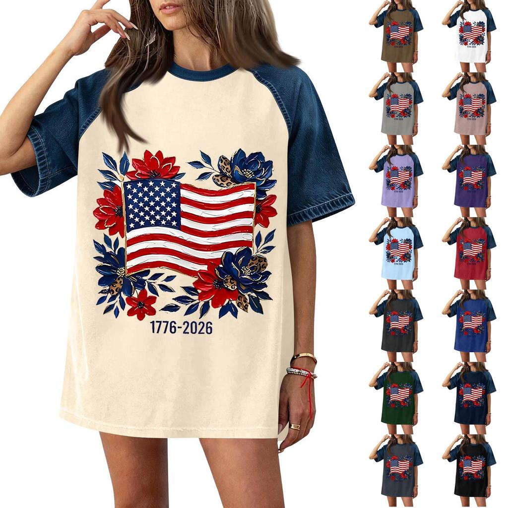Women Casual Short Sleeve T Shirt Denim Patchwork Top 250th Independence Day Commemorative Print Relaxed Fit Lightweight Tee