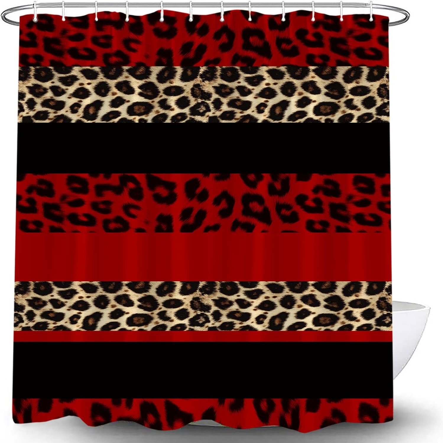 

Leopard Print Shower Curtain, Red Black Cheetah African Animal Pattern, Geometric Abstract Art with Hooks W120xH180cm