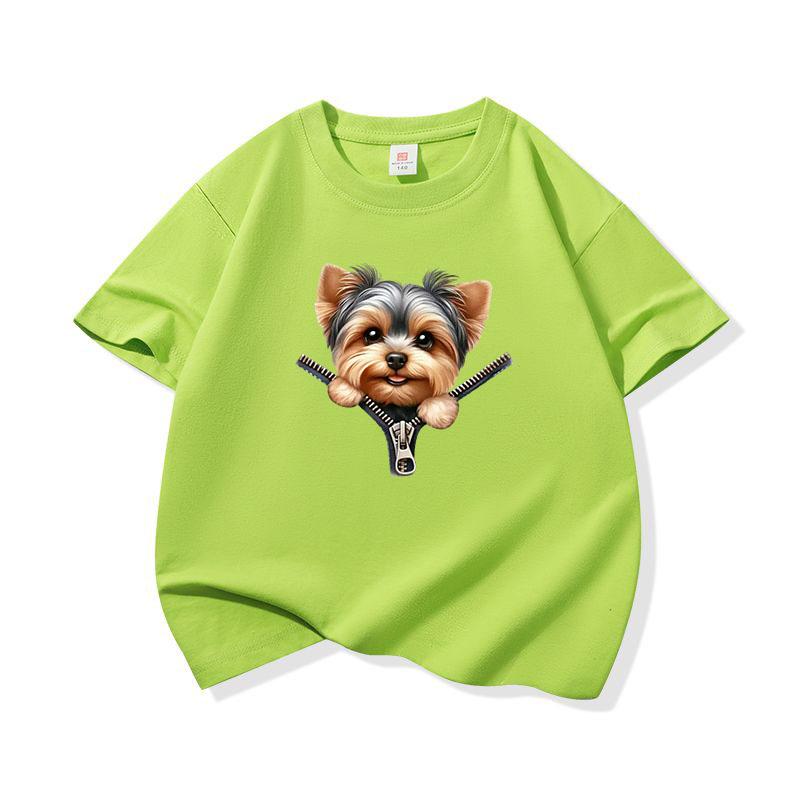 Kids Cotton T Shirt Sweet Yorkshire Terrier Dog Zipper Print Crew Neck Short Sleeve Tee Casual Breathable Boys Girls Summer Tops