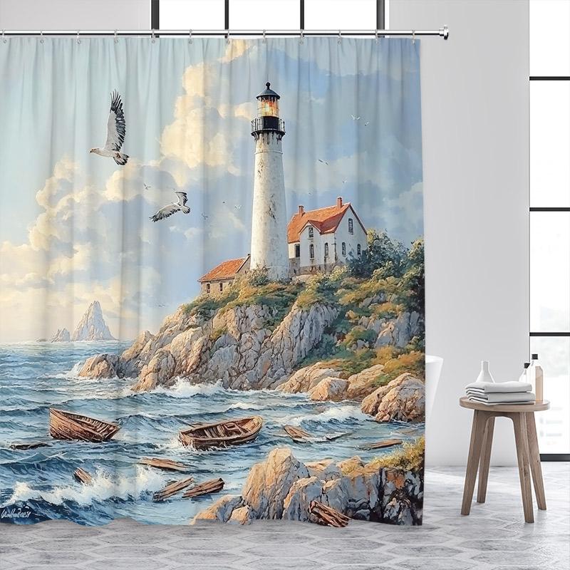 Niebieski Ocean Latarnia Morska Zasłony Prysznicowe Vintage Łódź Mewy Fale Morskie Akwarela Sztuka Nowoczesny Wystrój Zasłony Łazienkowej Z Haczykami