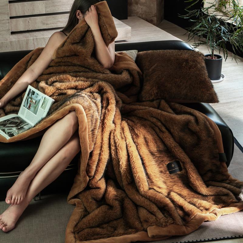 Luxury Faux Fox Fur Blanket: Thick, Warm Raschel Cover for Autumn/Winter, Perfect for Sofa or Air Conditioning Use.