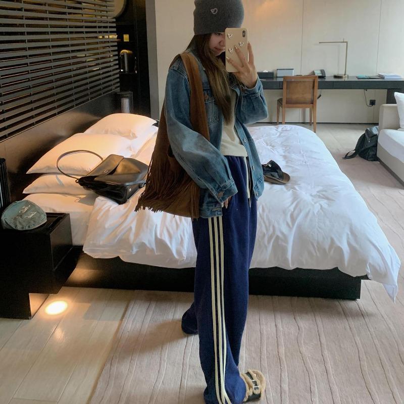 Blue sports wind side striped wide-leg sweatpants women's autumn new high-waisted loose mopping casual straight-leg pants