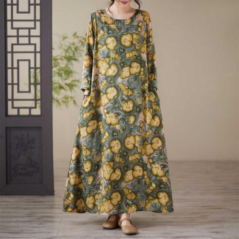 Loose Printed Round Neck Long Sleeve Dress Women's Long Dresses