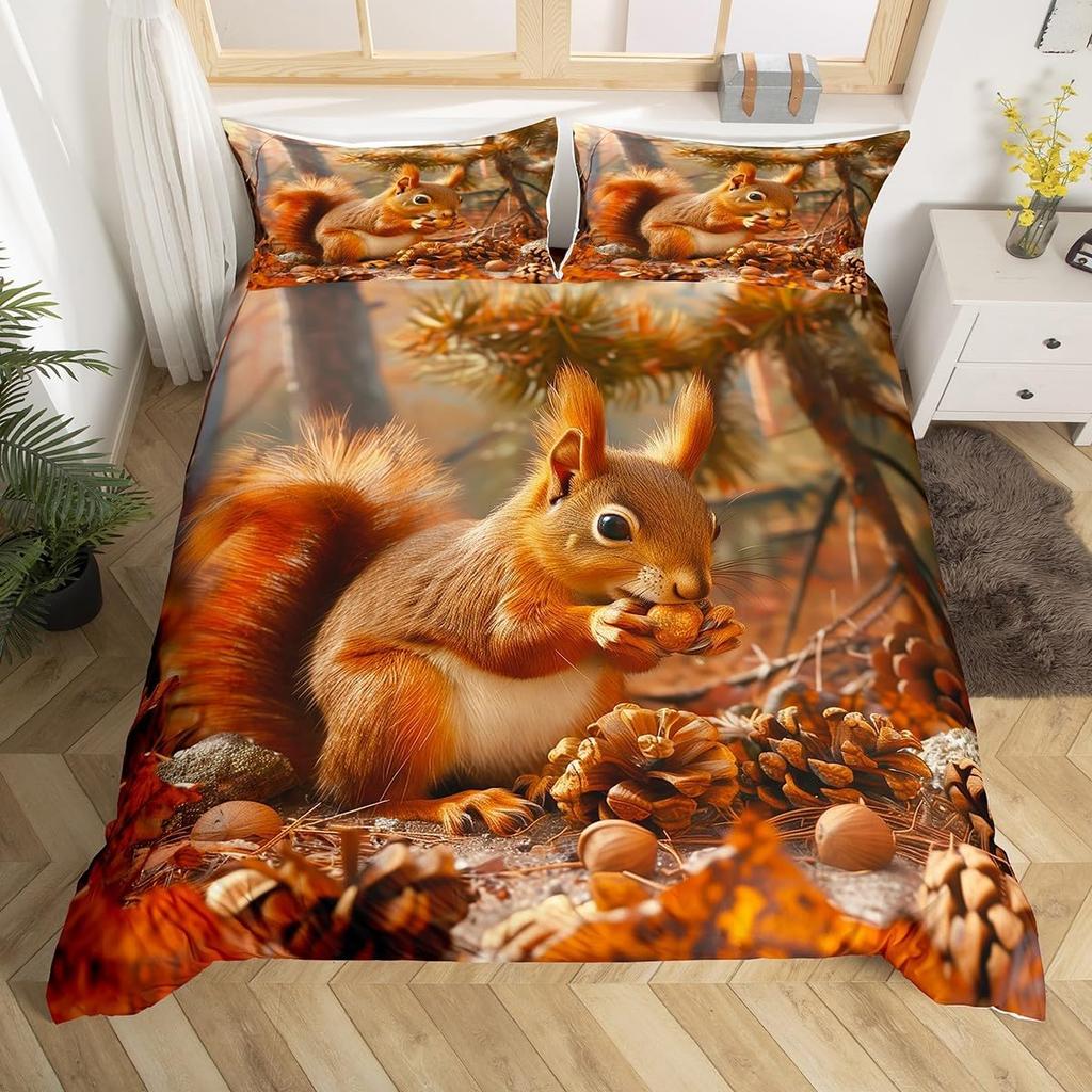 Cute Squirrel Duvet Cover Cherry Blossom Print Bedding Set for Boys Girls Thanksgiving Day Gift Cartoon Squirrel Comforter Cover