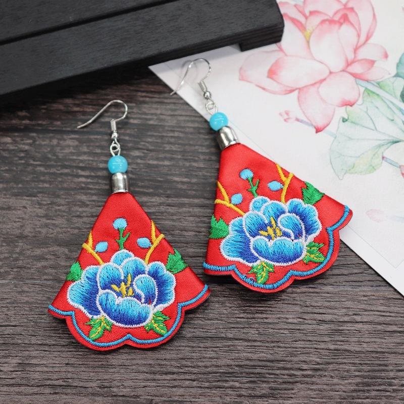 Retro hand-embroidered fabric earrings female long flower fringed versatile temperament performance earrings earrings