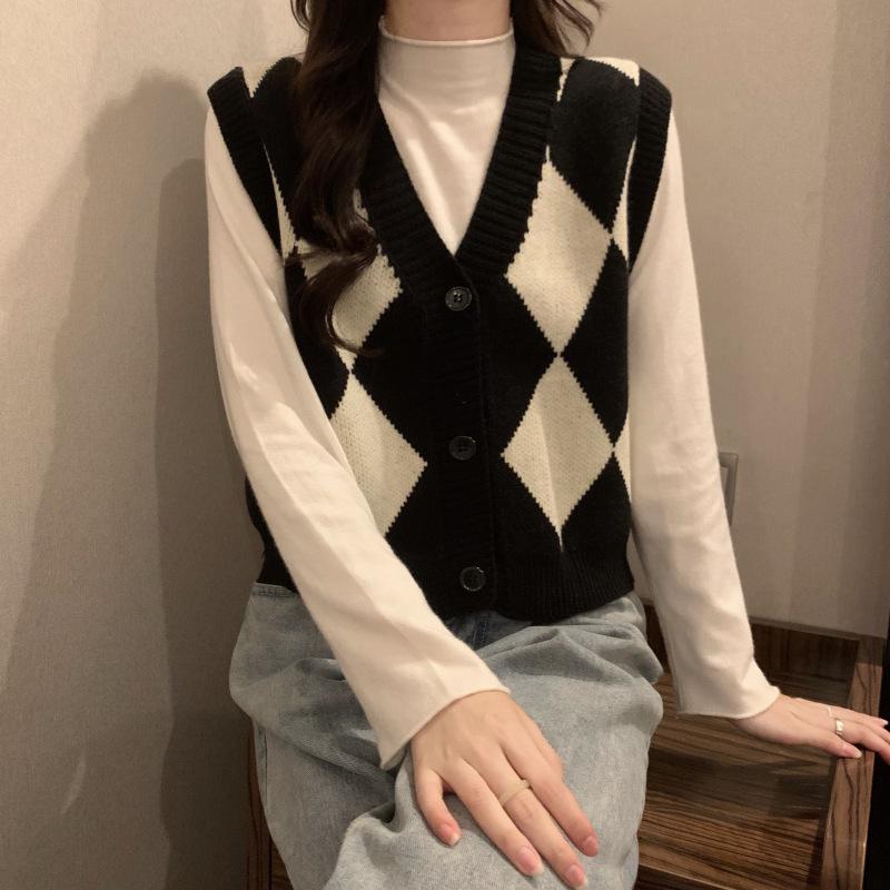 Women's Green Y2K Vintage Knitwear Sleeveless Argyle Knit V-Neck Blouse Tops Vest Sweater Korean Style Cardigan For Women