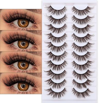 10 Packs Of Brown Simulation Natural False Eyelashes Daily Activities Thick Curled Eyelashes