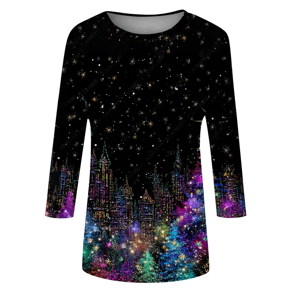 Modă Femei Casual Crăciun Pom Imprimat Gât Rotund Mânecă Treisfert Tricou Top