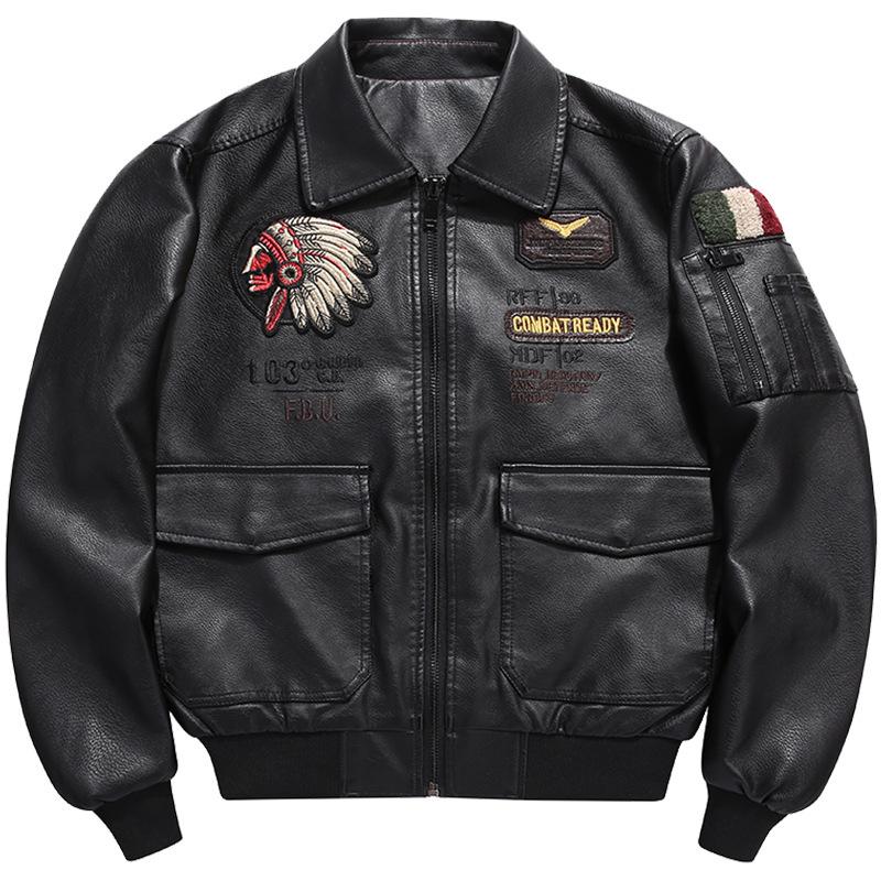 Autunno Inverno Uomo Giacca in pelle moto Risvolto Ricamo Vintage Locomotiva Giubbotti Pu Biker Coat Streetwear Maschile